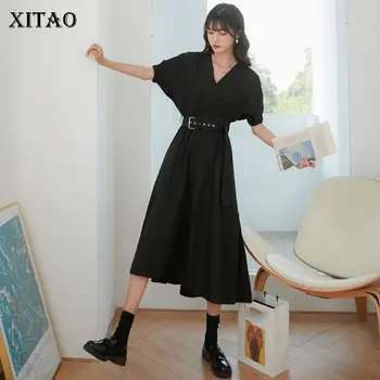 

XITAO French Black Waist Slim Dress Women Clothes 2020 Summer New Fashion Pleated V Neck Puff Sleeve Match All Dress ZLL5080