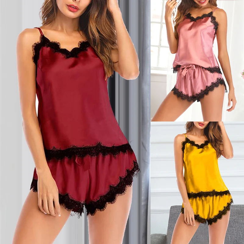 

2019 Sexy Running Shorts Set Sleepwear Summer Women Night Set Silk Yoga Shirt Crop Top Pyjama Sets Sleeveless Nightwear Female