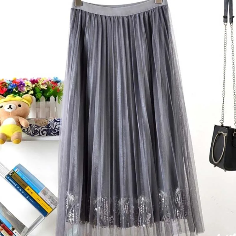 Gold Velvet High Waist Pleated Skirt Mesh Tulle Lace Stitching Sequin Bead Plus Size Two-tiered black Long Skirts women Clothes