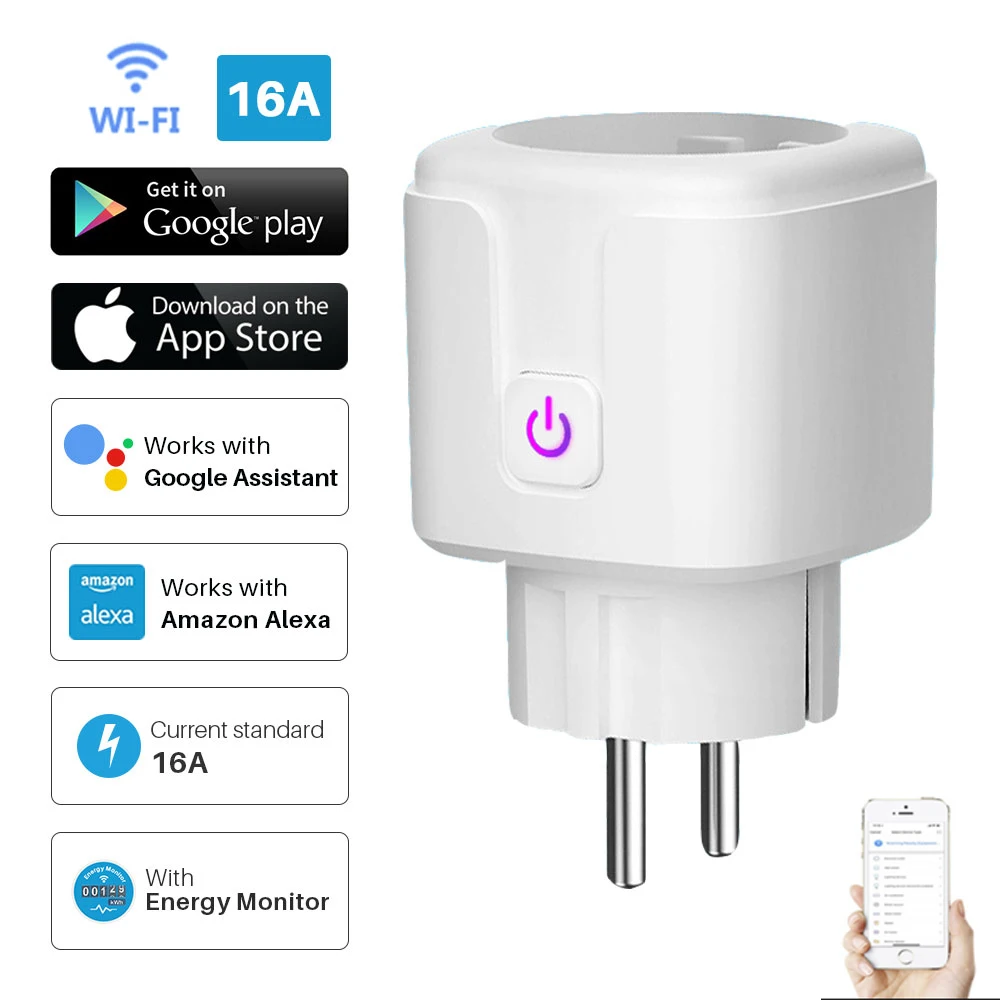 Enchufe WiFi de enchufe inteligente para la UE, 16A, Monitor de potencia, función de sincronización, Control por aplicación Tuya SmartLife, funciona con el asistente de Google Alexa, 100-240V