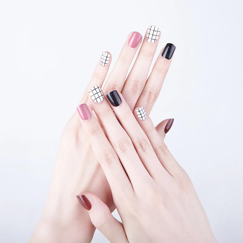 534-Coffee Pink Black Grid Wear Manicure INS-Style Soft Girl Fake Nails Finished Product Bride
