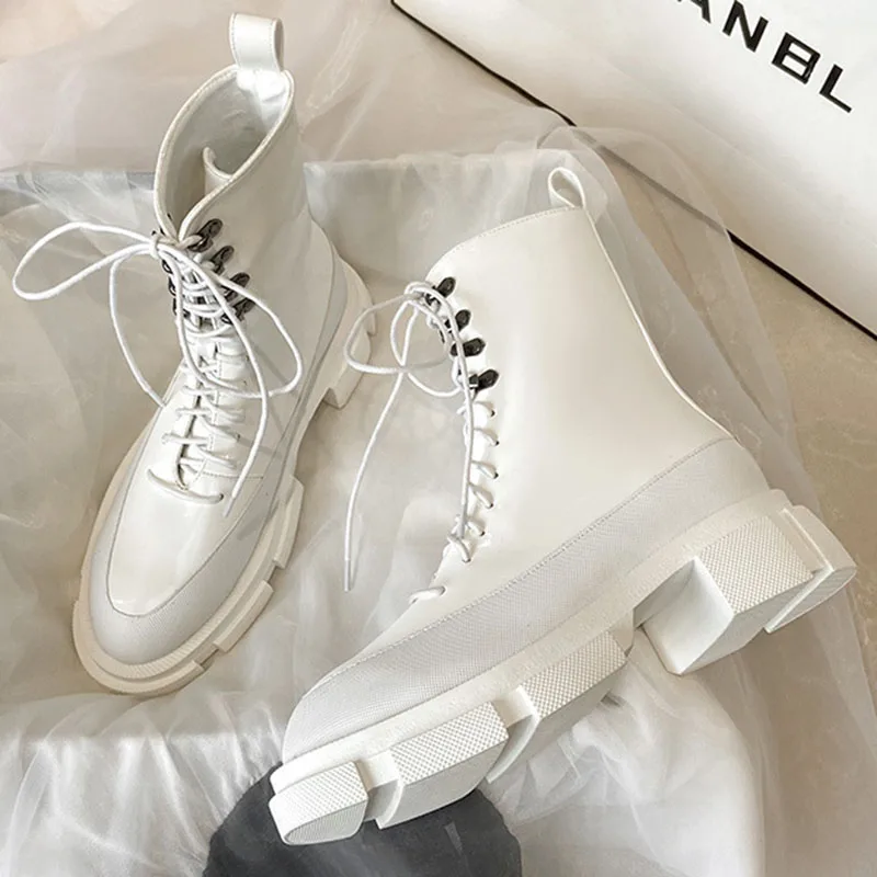 Real Leather studs lace up riding boots women shoes muffins chunky heels short botas patchwork rubber platform star style | Обувь