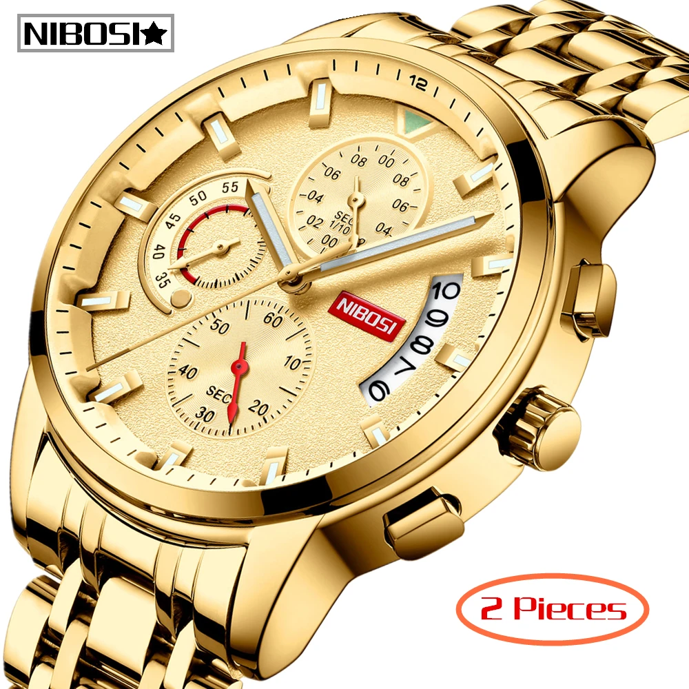 

2Pcs Relogio Masculino NIBOSI Sport Chronograph Men Watch Top Brand Luxury Full Steel Quartz Clock Waterproof Big Dial Watch Men