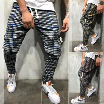 

2020 Newest Hot Gym Mens Casual Trousers Plaid Tracksuit Bottoms Slim Fit Skinny Joggers Sweat Track Pants Elastic Slim Trousers