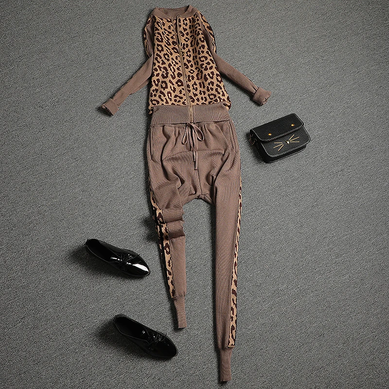 Ceny Nowe jesienne zimowe dresy damskie modny dwuczęściowy zestaw odzieży 2019 kobieta sweter z zamkiem błyskawicznym Top + spodnie komplety z dzianiny sportowe