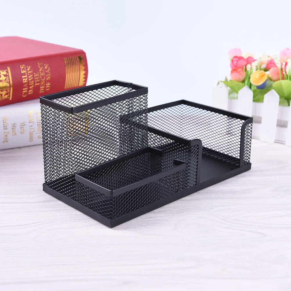 Pen Holders Affordable Students Office Desk 3 Compartments Metal Pen Container Black School Stationery Desk Organizer  1pcs