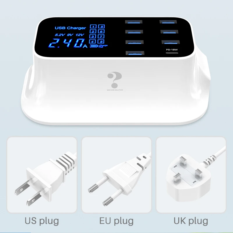 8 портов USB зарядное устройство Смарт USB PD 18 Вт светодиодный цифровой дисплей зарядная станция USB ЗУ для мобильного телефона адаптер для iPhone samsung