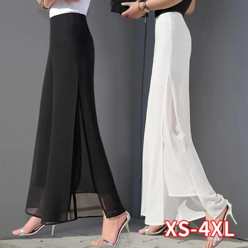 

Women's Summer Wide Leg Long Trousers Casual Vintage High Waist Chiffon Side Split Loose Bohemia Skirt Pants Capris Solid