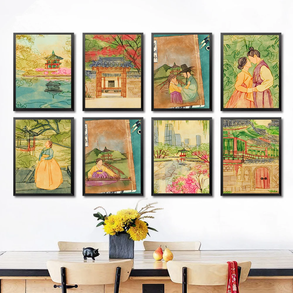 Travel City Korean Poster Watercolor Landscape Canvas Print Vintage