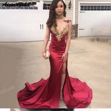 Выпускное Платье, элегантное, Русалка, с высоким разрезом, без рукавов, Золотая аппликация, расшитая бисером, сексуальное, длина до пола, официальное, вечернее платье, вечерние платья