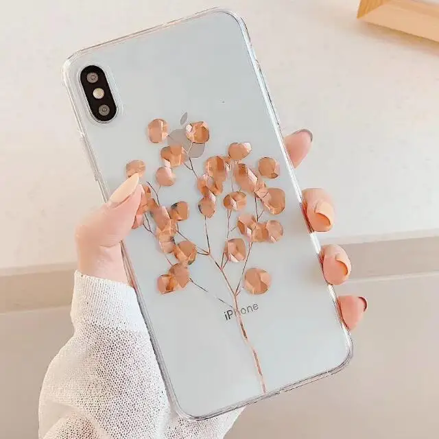 Роскошный Блестящий Прозрачный чехол для iPhone 8 7 Plus X XS Max XR 11 Pro Max Gold Leaf прозрачная задняя крышка мягкий чехол - Цвет: 02
