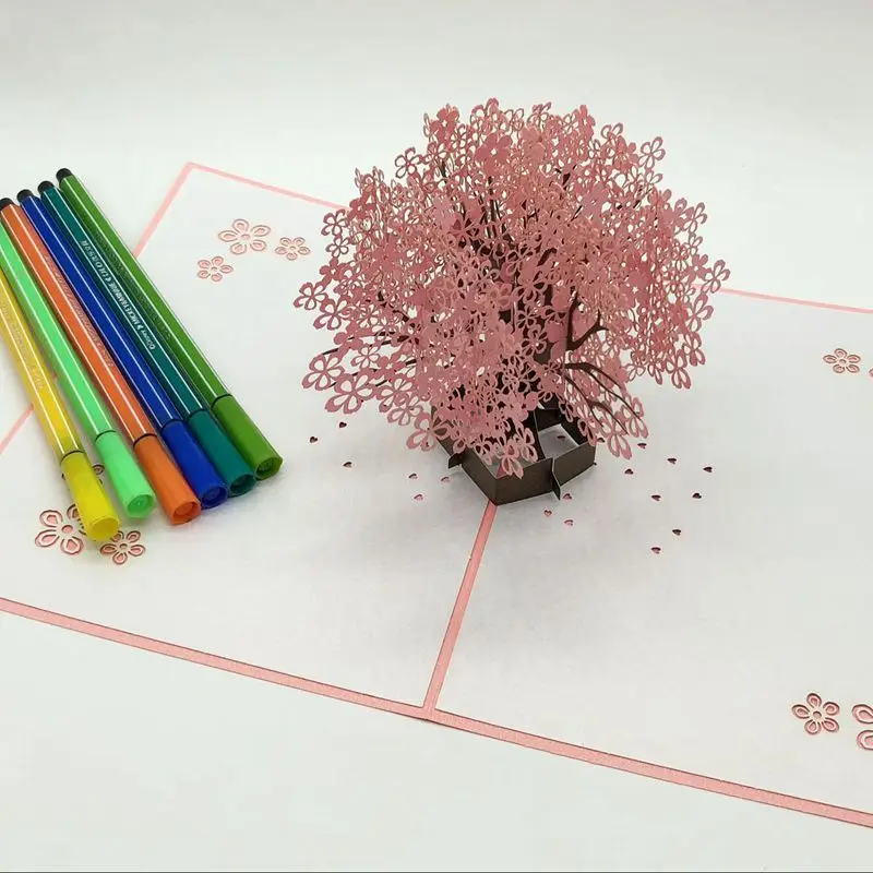 Горячее-вишневый цветок всплывающие карты, 3D карты, день рождения, весенние карты, летние карты, день рождения карты