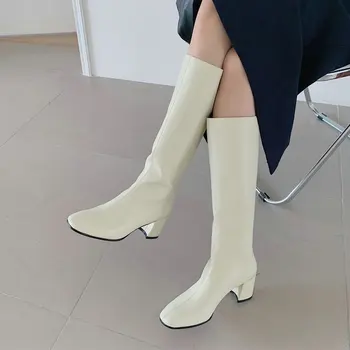 

Sexy Vintage Genuine Leather Women's Boots Winter 2020 Women Thick high Heels women Pumps Party Working Shoes Woman