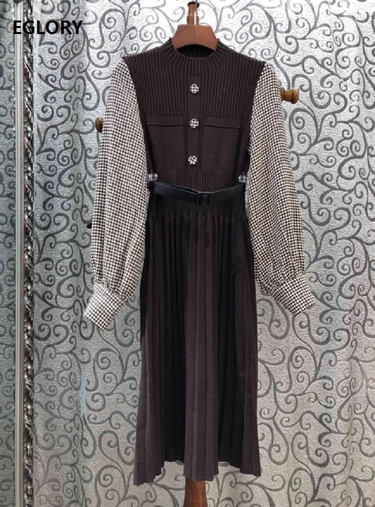 ^*Best Offers High Quality Knitted Dress 2020 Spring Autumn Casual Sweater Dress Women Geometric Print Patchwork Long Sleeve Brown Black Dress