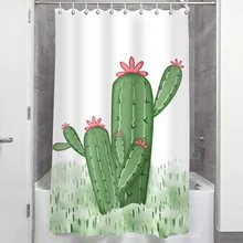 

Cactus Shower Curtain Tropical Watercolor Green Plants Cute Flowers Fabric Waterproof Bath Curtains Bathroom Decor with Hooks