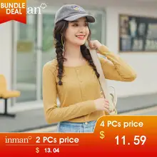 INMAN, осенне-зимняя Однотонная футболка в Корейском стиле, женская модная Однотонная футболка с длинным рукавом