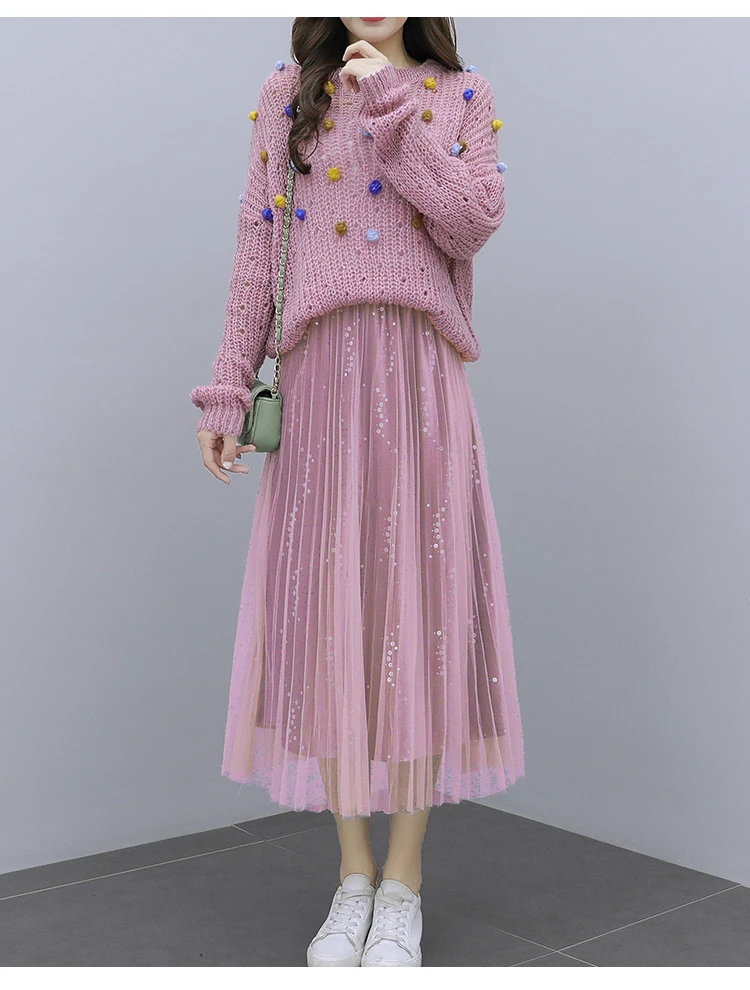 Осень, Женский вязаный свитер в разноцветный горошек с длинным рукавом+ юбка в сеточку, комплект из 2 предметов, женские костюмы, наряд A2086