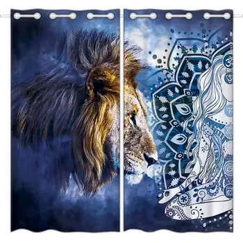 

HommomH blackout curtains (2 panels) top perforated bedroom high-quality fabric curtain ferocious lion