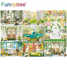 

Funnytree Spring Easter Holiday Party Background Grass Garden Bunny Eggs Baby Shower Wood Flowers Portrait Photocall Backdrop
