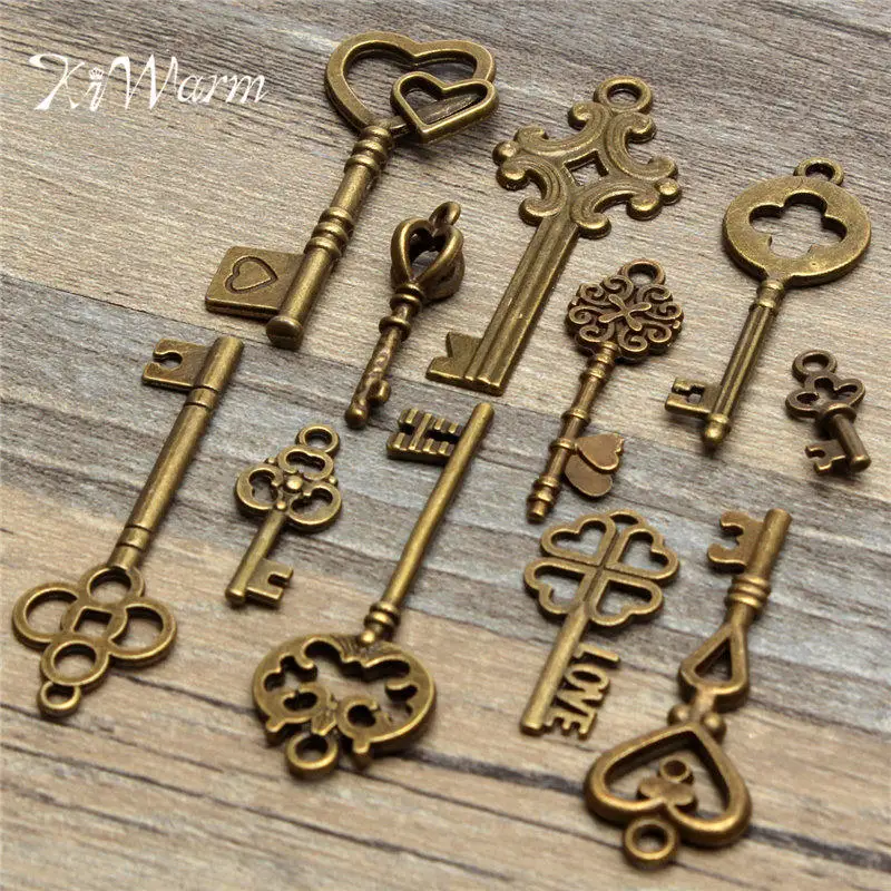 

KIWarm 11Pcs Dedicate Set Antique Bronze Vintage Old Look Bronze Skeleton Keys Fancy Heart Bow Pendant DIY Decor Metal Crafts