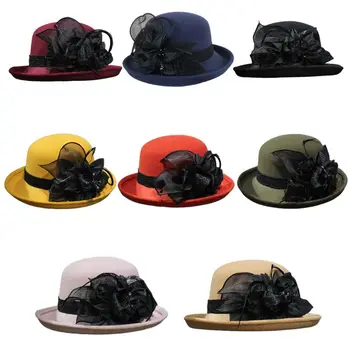 

Women Retro Faux Felt Wide Brim Bucket Hat Elegant Solid Color Detachable Feather Flower Wedding Church Winter Autumn Bowler Cap