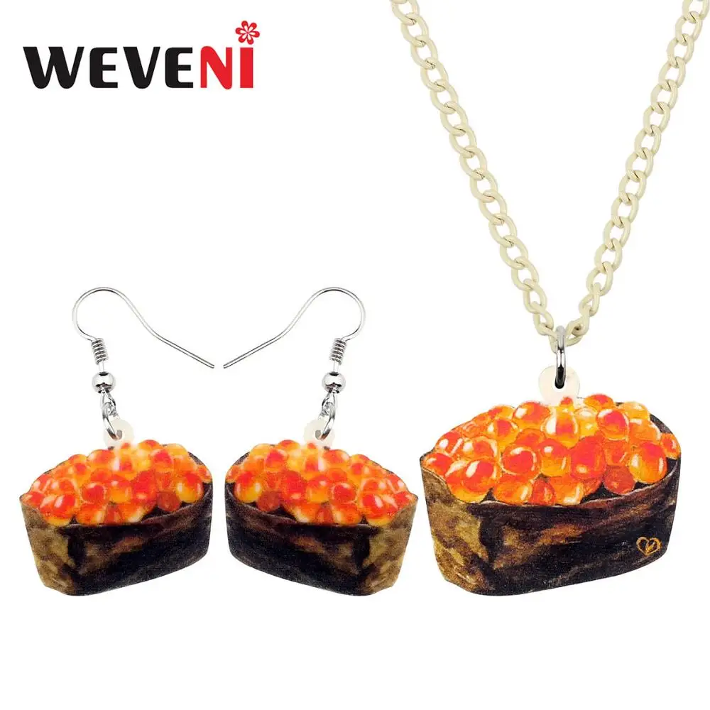 

WEVENI Acrylic Japanese Roe Sushi Food Necklace Earrings Jewelry Sets Kid Girl Unique Funny Decoration Novelty Charms Gift Bulk