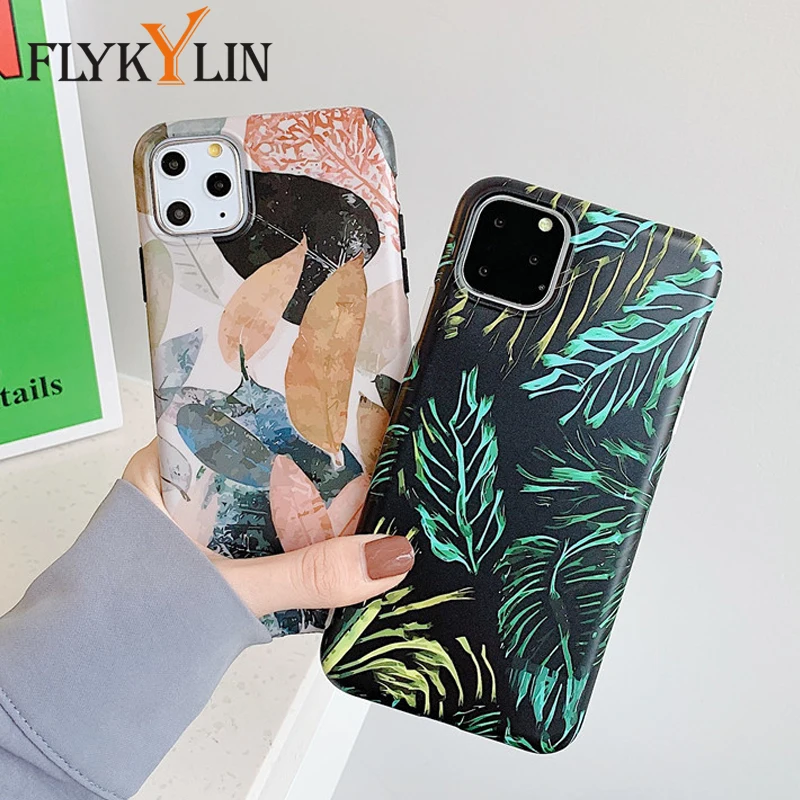 FLYKYLIN Cartoon Leaves Case For iphone 7 8 Plus 11 Pro Max XS XR X Back Cover Fashion Soft IMD Phone Capa Shell Funda | Мобильные