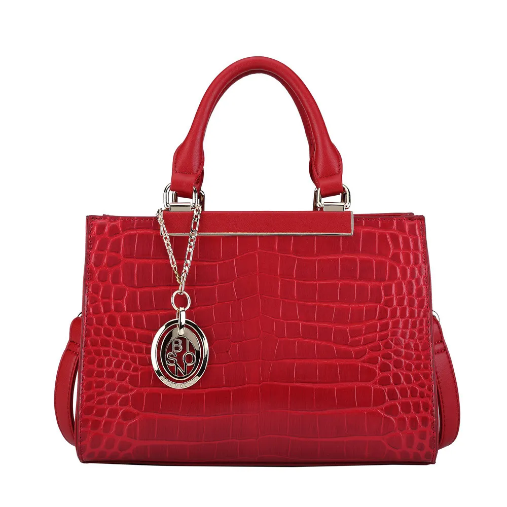 BISON DENIM, натуральная кожа, женская сумка, модная, через плечо, большая вместительность, с верхней ручкой, бизнес, королева, bolsa feminina B1363 - Цвет: Red