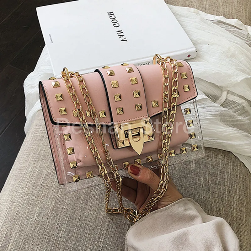 

Small clear Brand Designer Woman 2020 New Fashion Messenger Bag Chains Shoulder Bag Velvet Rivets Transparent Square PU Handbag