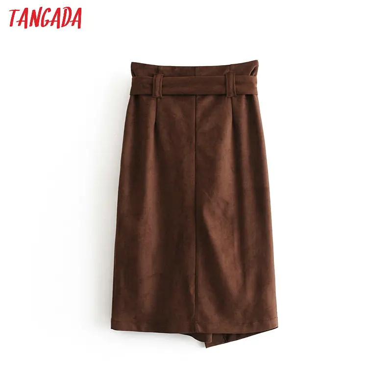 Tangada модная женская зимняя коричневая замшевая юбка винтажная элегантная женская юбка с поясом mujer ретро юбки до середины икры 6A321
