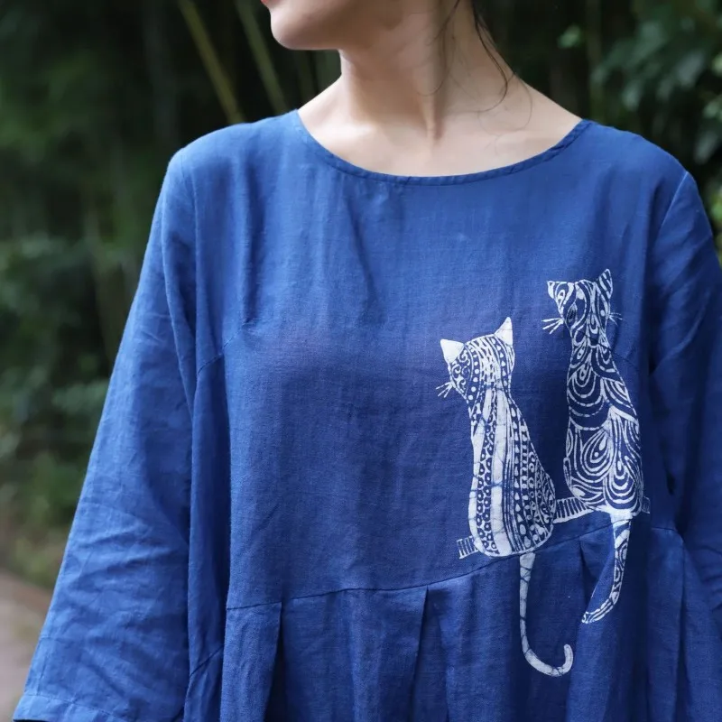 Vintage New Women Top Quality Cotton Linen Maxi Long Dress Ankle Length Handmade Plant Dyeing Kawaii Cat Printed Loose Fit Dress