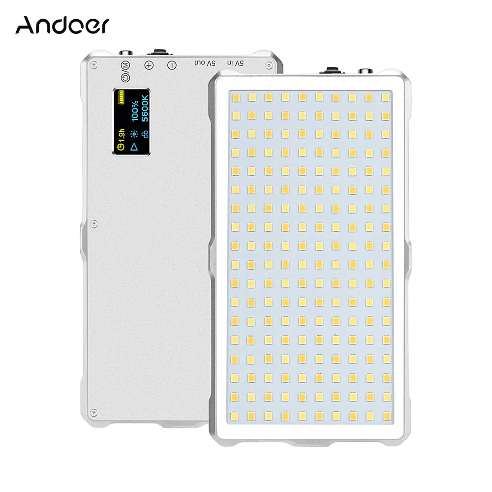 

Andoer F18 Portable Bi-color LED Video Light Lamp Dimmable Fill-in Light Brightness+ with Power Bank Function Display Screen