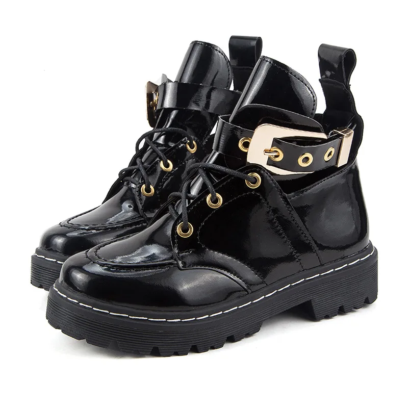 

New Women's Patent Leather Boots Chic Belt Buckle Female Motorcycle Boots Western Style Women Ankle Boots Ladies Single Shoes