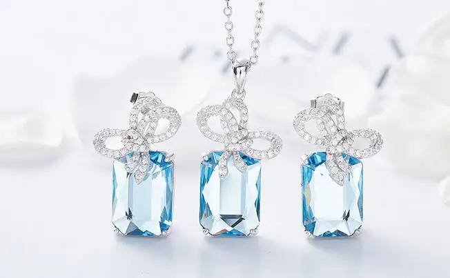 

UXN52 S925 Silver Butterfly-knot Zircon Crystal Girls Necklace Earrings Jewelry Wedding Garment Matching Gift Box