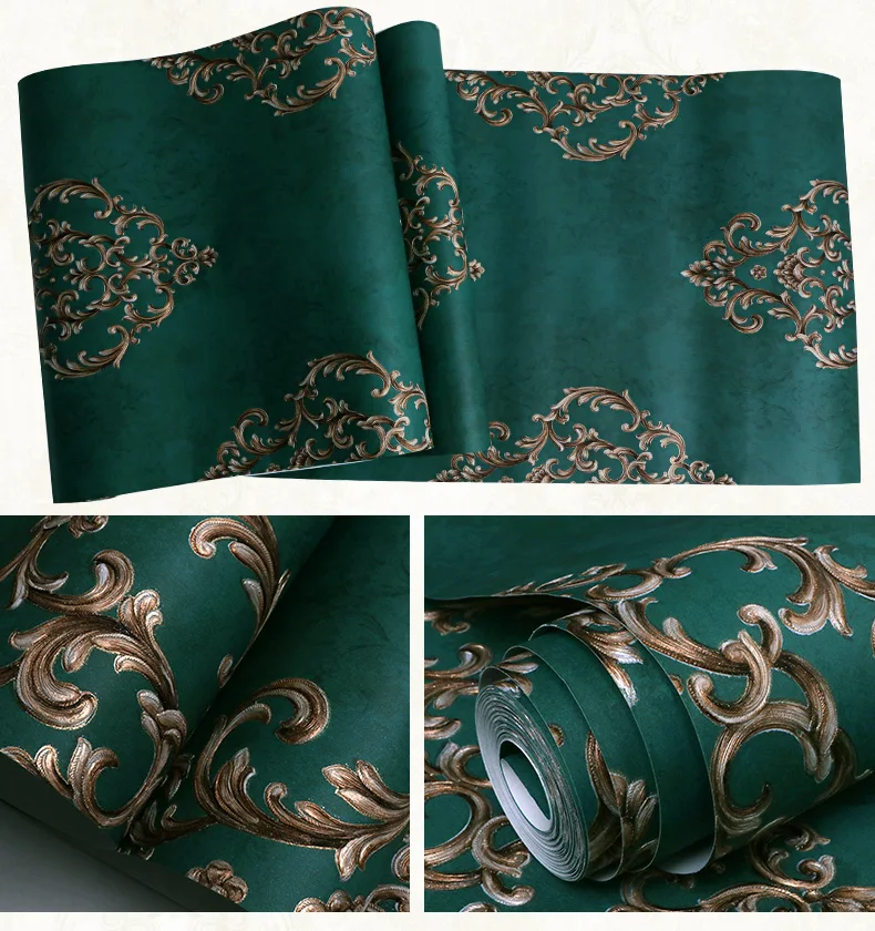 High quality 3D stereo pressed European style peacock green wallpaper luxury non-woven Damascus wallpaper bedroom TV background