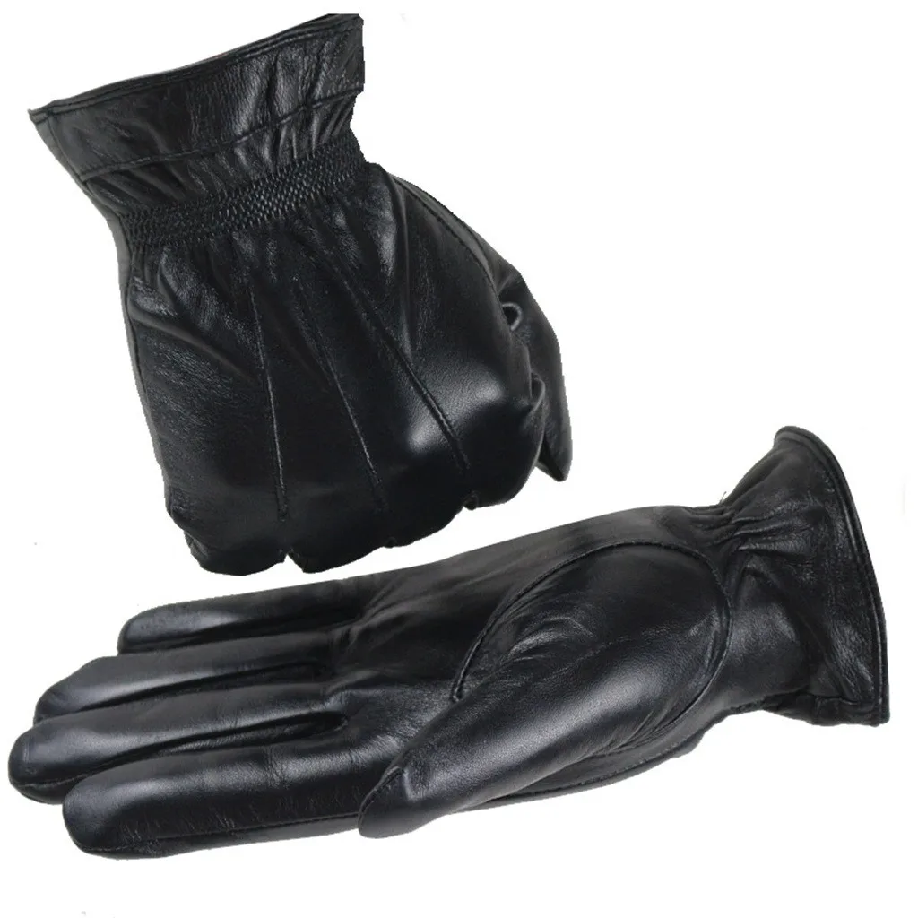 Leather Warm Thermal Lined Wrist Strap Gloves Men Winter Touch Screen Mittens Windproof Sports Fitness Outdoor Skiing Glove#LR3