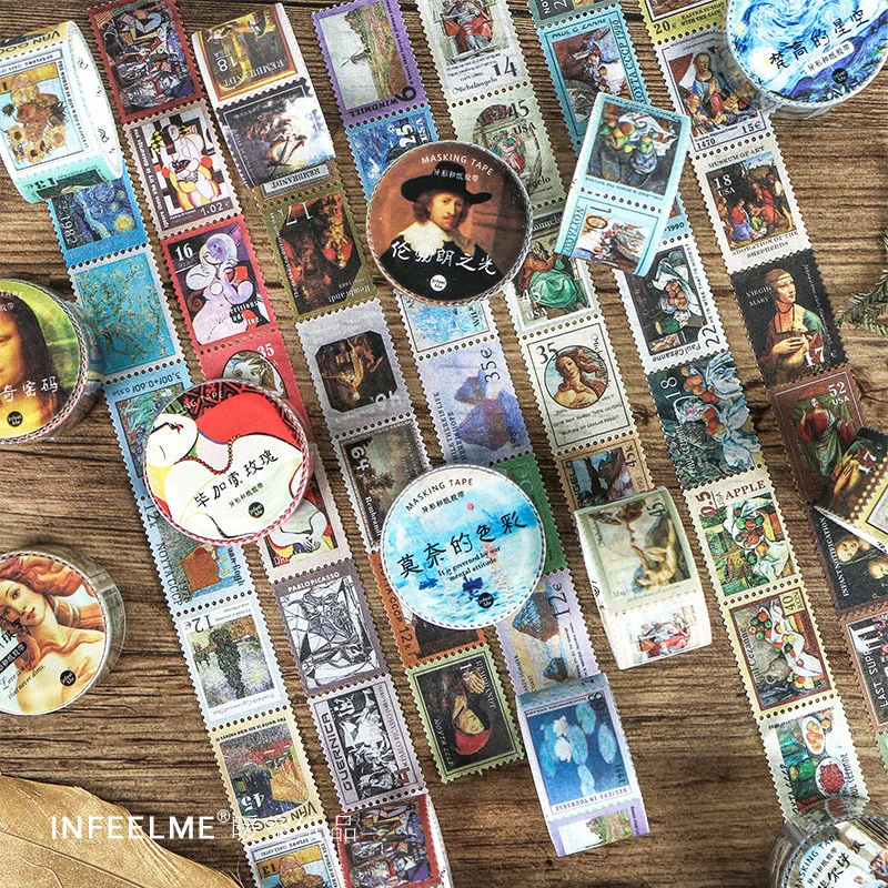 

25mm*5m Retro Stamp Die Cut Masking Tape Famouspaint Van gogh/Vinci/Monet/Picasso Stickers Washi Tape DIY Planner Scrapbooking