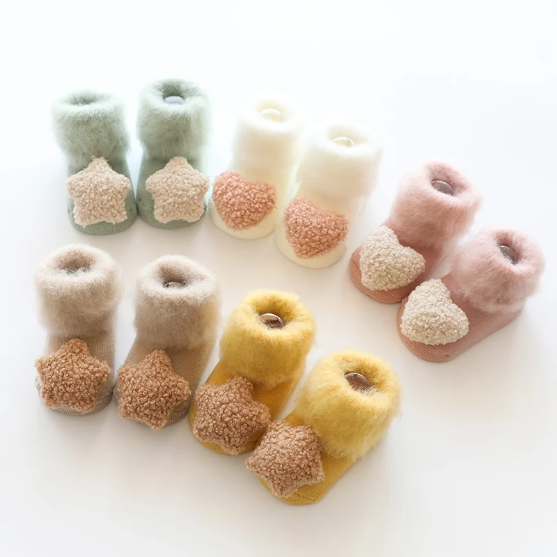 

0-6-12month Baby Floor Socks Winter Warm Thicken Rubber Anti Slip Foor Cotton Socks Toddler Star Heart Christmas Cute Soft Boots