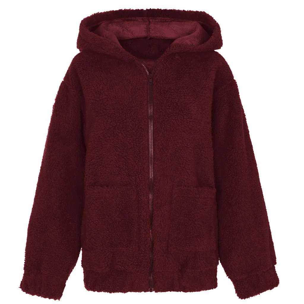 Элегантное женское пальто из искусственного меха, зимняя теплая мягкая меховая куртка на молнии с капюшоном, женское плюшевое пальто с карманами, повседневная плюшевая верхняя одежда 910 - Цвет: Бургундия