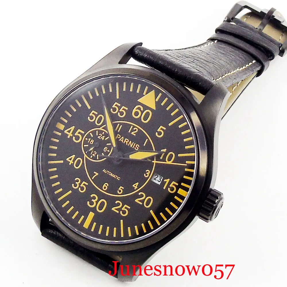 

Mechanical PARNIS Brand Men Watch 44mm PVD Plated Date Function Sapphire Glass Wristwatch Automatic Movement