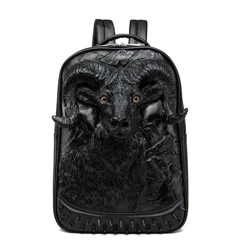 1 backpack 3D стереоскопический силиконовый коровья голова рюкзак мужской личности заклепки mochila Черный Водонепроницаемый ПУ кожа путешествия plecak - Цвет: 1 backpack