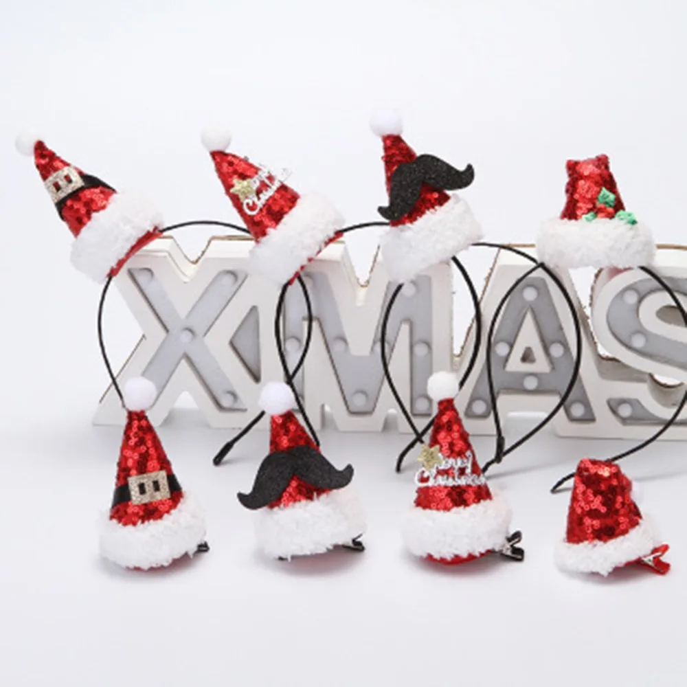 Рождественская Шапка Повязка На Голову Лидер продаж, рождественское, с блестками, повязка на голову с рождественским принтом в виде Санты вечерние Декор двойной повязка на голову застежка головной обруч для волос ювелирные изделия