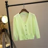 thin Summer candy color knit crop Cardigan women 3/4 Sleeve short knit coat Basic v-neck Jacket outwear Sun protection shirt