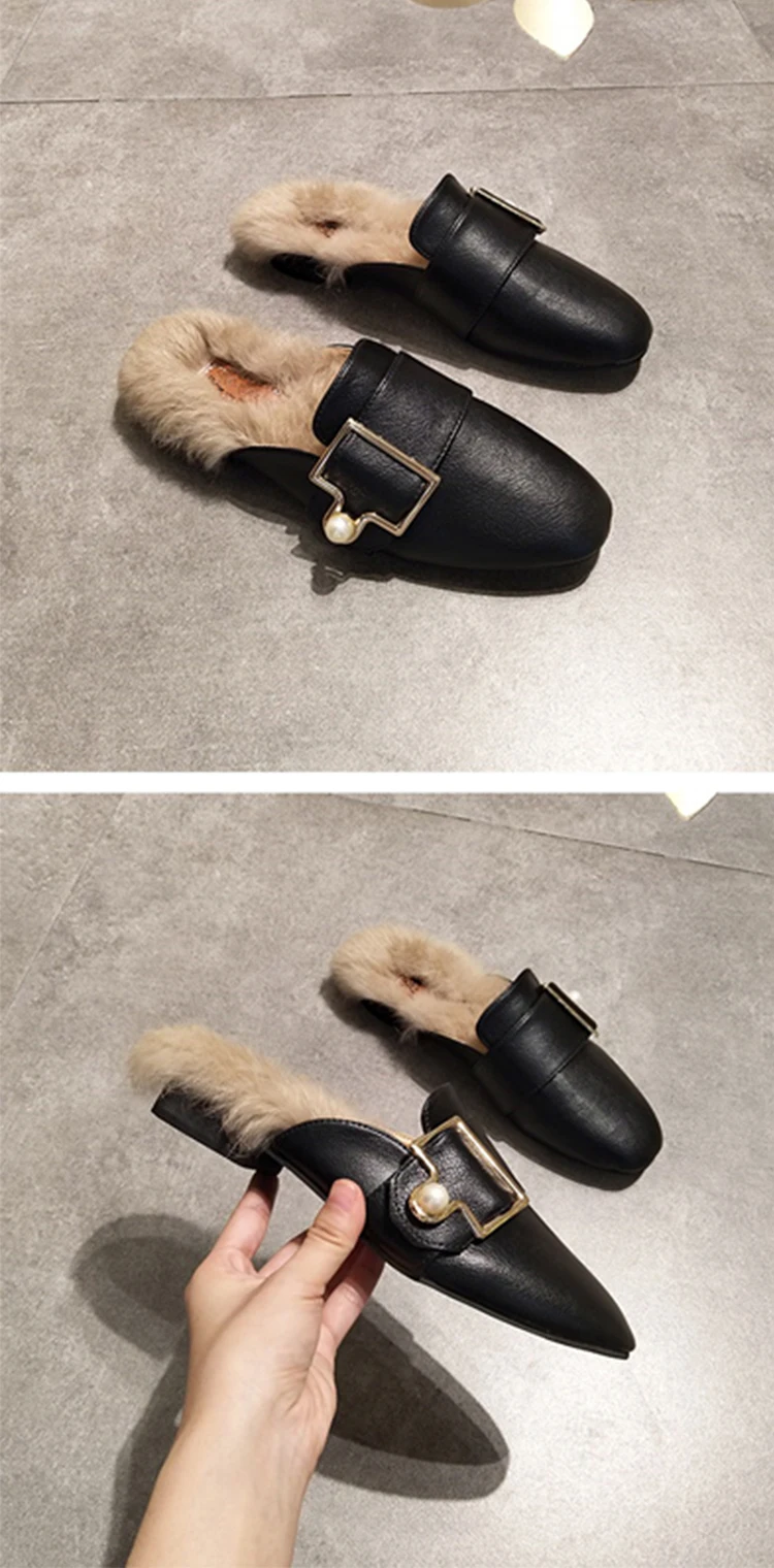 Shoes Square Toe Slippers Fur Slides String Bead Loafers Fashion Shallow Plush Soft Flat Cover Luxury PU Basic Rubber