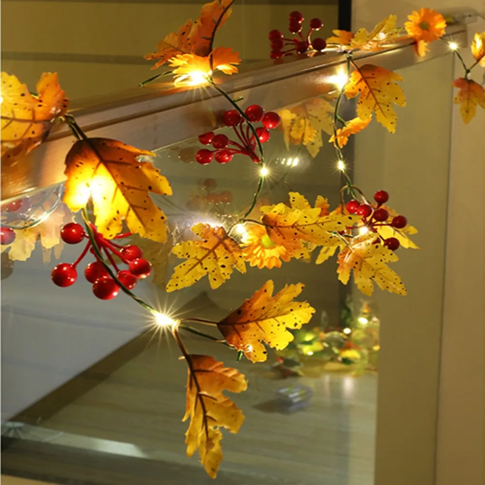 

Halloween Christmas Maple Leaf Fruit Copper Wire String Light 2M 20 Led Battery Power New Fall Ins room Decoration Garland Lamp