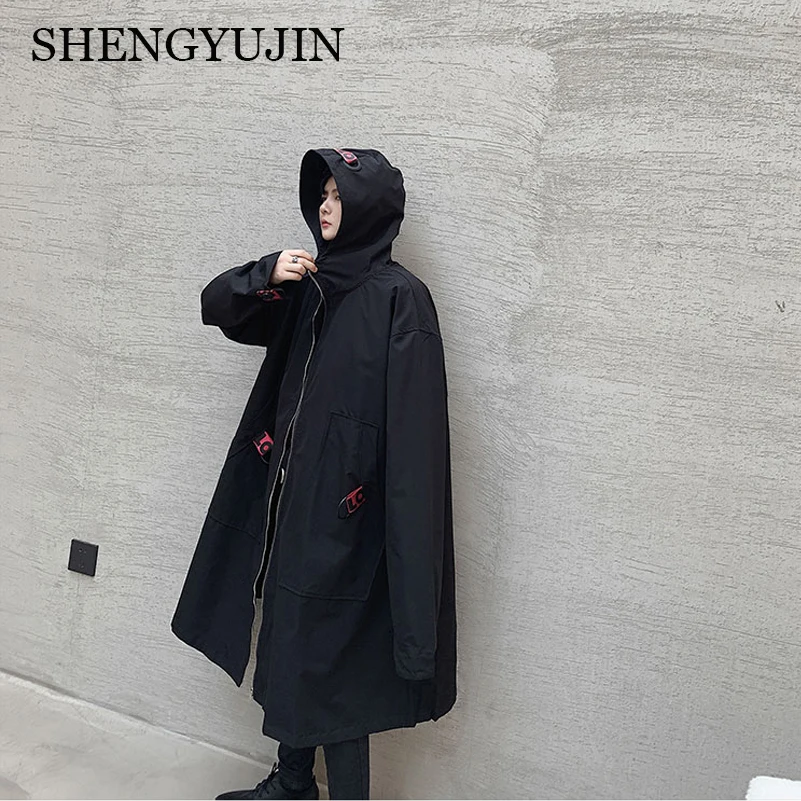 SHENGYUJIN осень темно ins личность лента украшения мужская длинная негабаритная свободная ветровка с капюшоном куртка