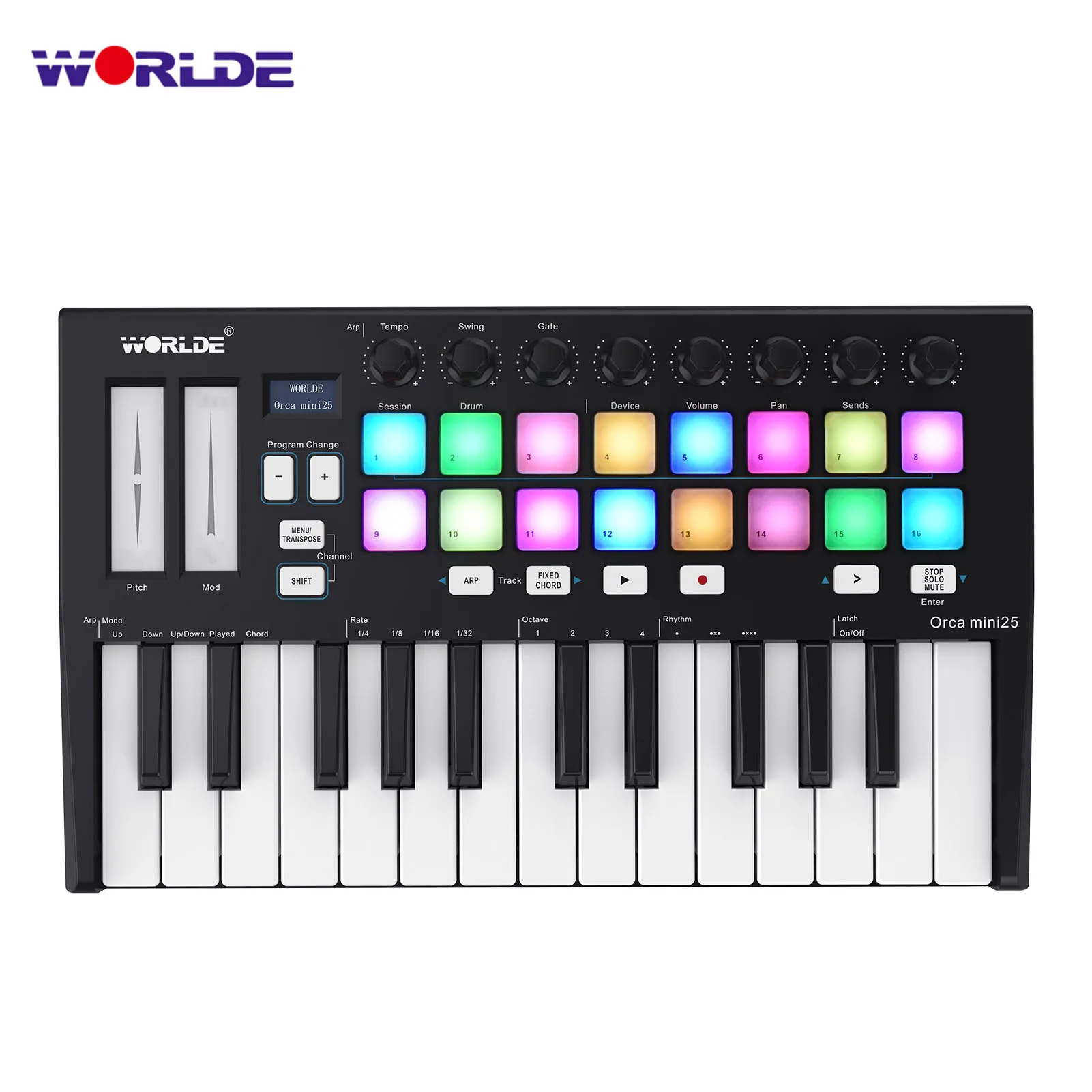 Worlde Orca Mini25 Midi Keyboard Controller Tastiera Midi Usb A 25 Tasti Con 16 Trigger Pad Retroilluminati Rgb 8 Manopole Di Controllo