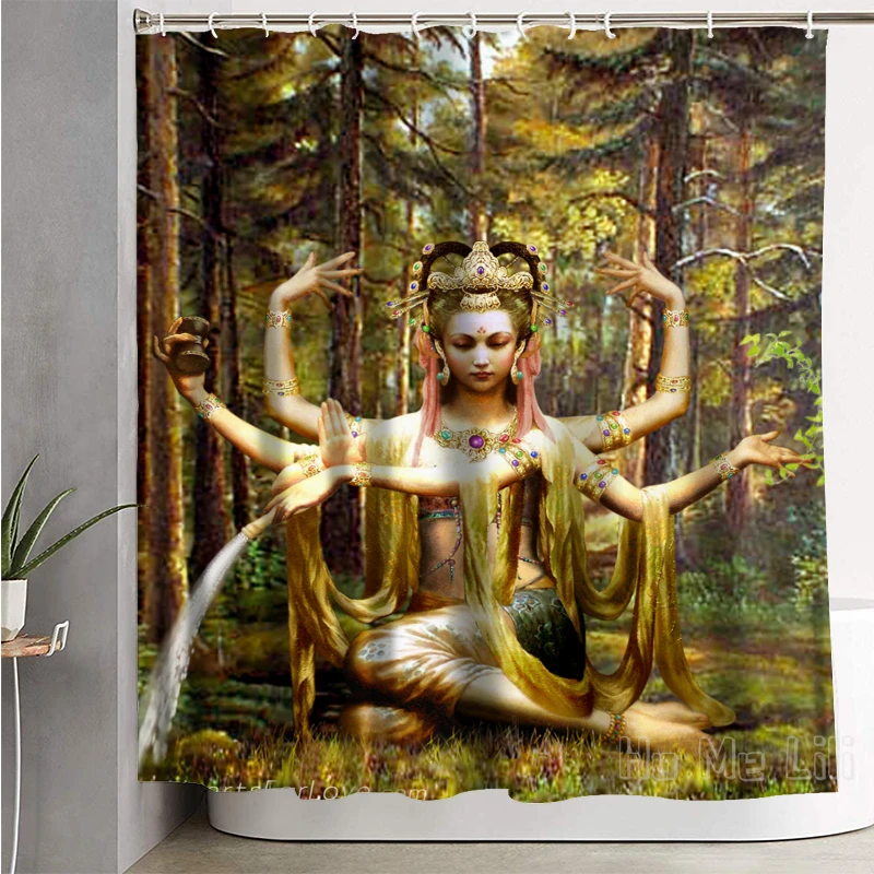 

Душевая занавеска Guanyin с изображением, водонепроницаемый декор для ванной комнаты