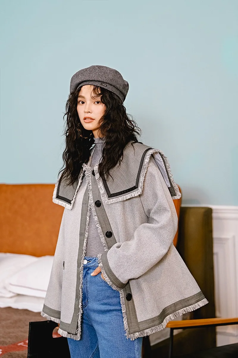 Autumn Original Design Gloria&Grace Gray Patchwork Big Collar Tassel Fashion INSTAGRAM Oversize Loose Coat Jacket Outerwear