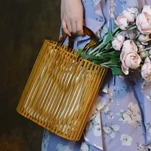 Новое поступление женской бамбуковой сумки лето; пляж; ведерки сумка Повседневная однотонная Сумочка, дамская сумочка(с шарфом